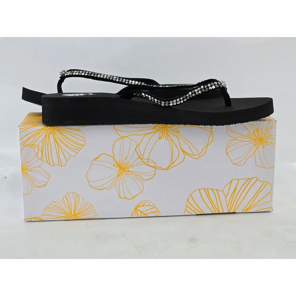 Yellow Box Jello Sandals Womens 9.5 Black Pewter Rhinestone Wedge - Excellent